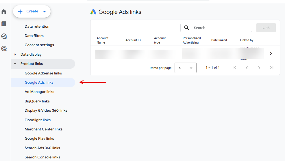 رفتن به بخش Google Ads Link برای اتصال اکانت گوگل ادز و آنالیتیکس