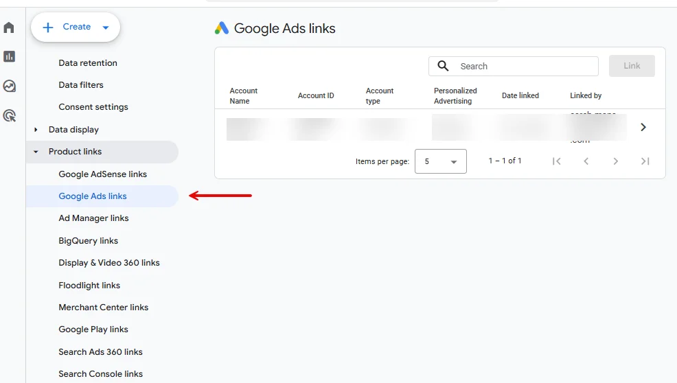 رفتن به بخش Google Ads Link برای اتصال اکانت گوگل ادز و آنالیتیکس