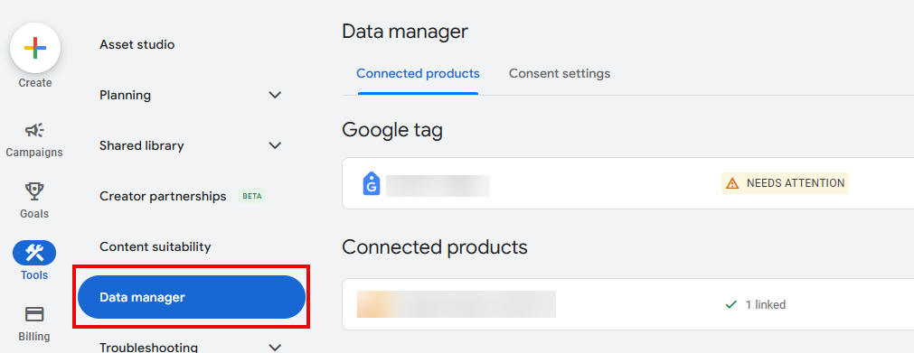 رفتن به بخش Data manager در گوگل ادز برای اتصال اکانت گوگل ادز و آنالیتیکس