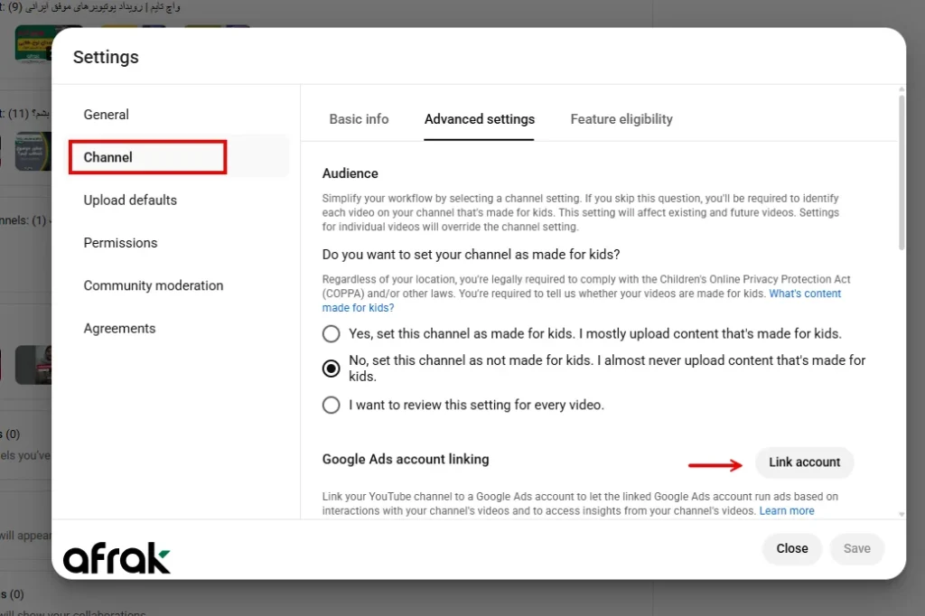نحوه اتصال گوگل ادز به کانال یوتیوباز بخش تنظیمات پیشرفته