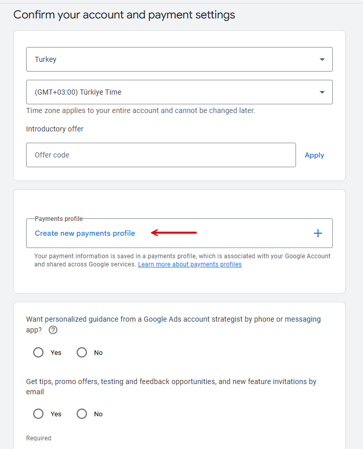 ایجاد پروفایل پرداخت برای ساخت اکانت گوگل ادز