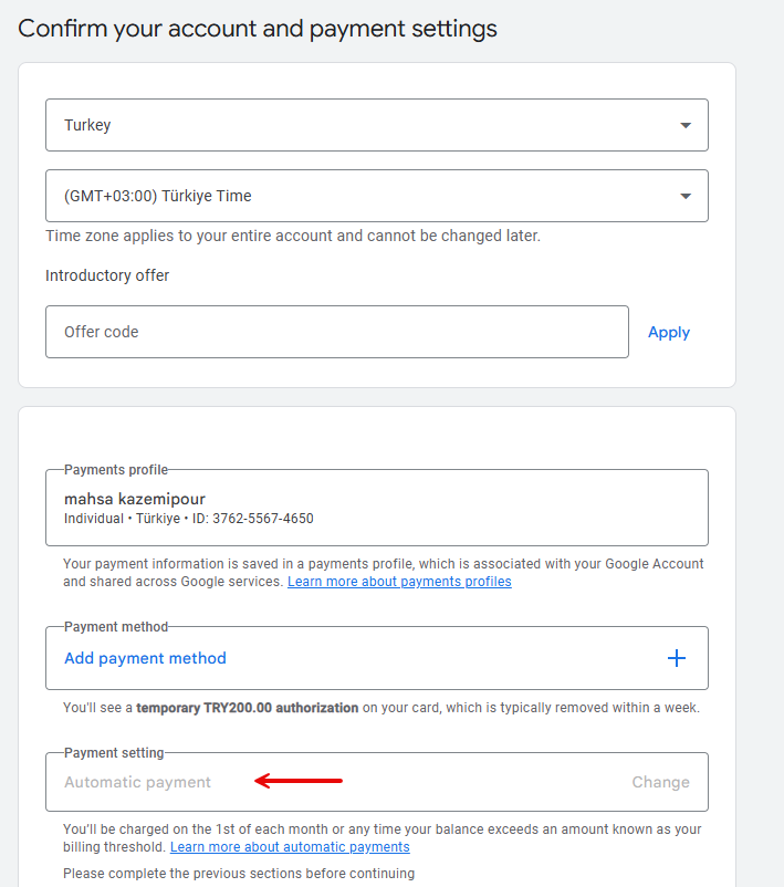 تنظیمات payement setting برای ساخت اکانت گوگل ادز