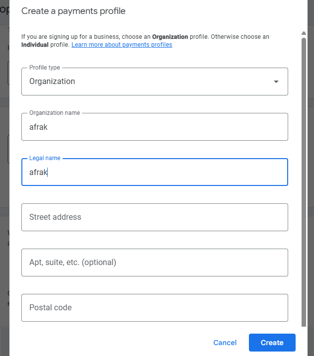 ادامه ساخت پروفایل پرداخت گوگل ادوردز
