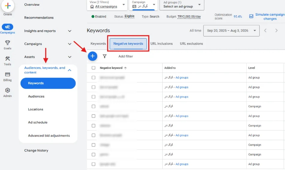 افزودن کلمات کلیدی منفی به کمپین google ads