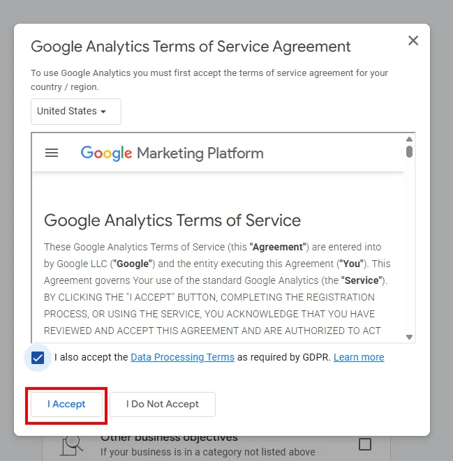 موافقت با شرایط Google Analytics