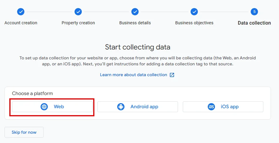 انتخاب وب سایت برای اتصال سایت به گوگل آنالیتیکس