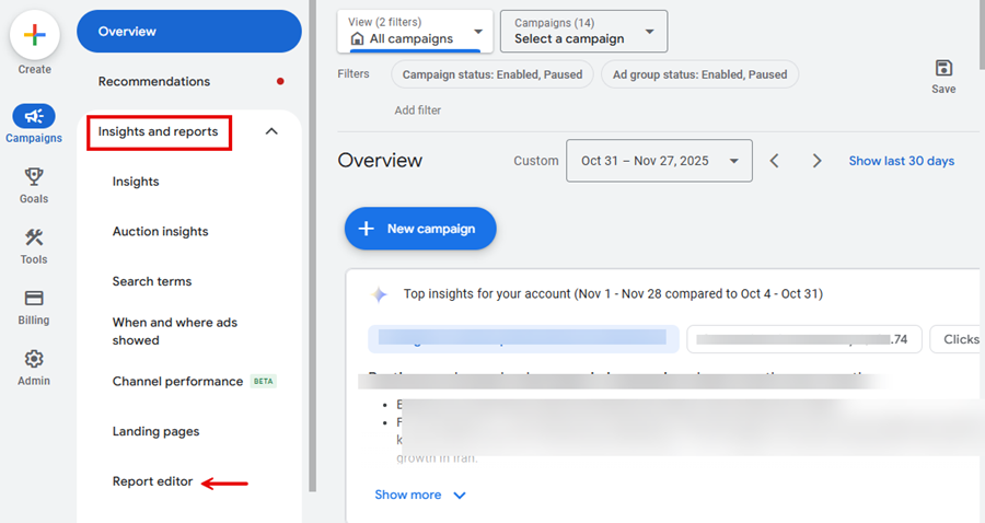 ورود به گوگل ادز و دسترسی به ریپورت ادیتور