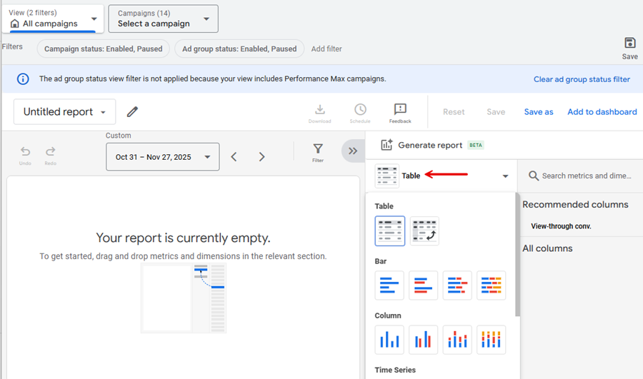 انتخاب نوع نمودار برای گزارش گیری گوگل ادز با ریپورت ادیتور