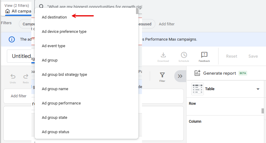فلیترها در ریپورتا ادیتور گوگل ادز