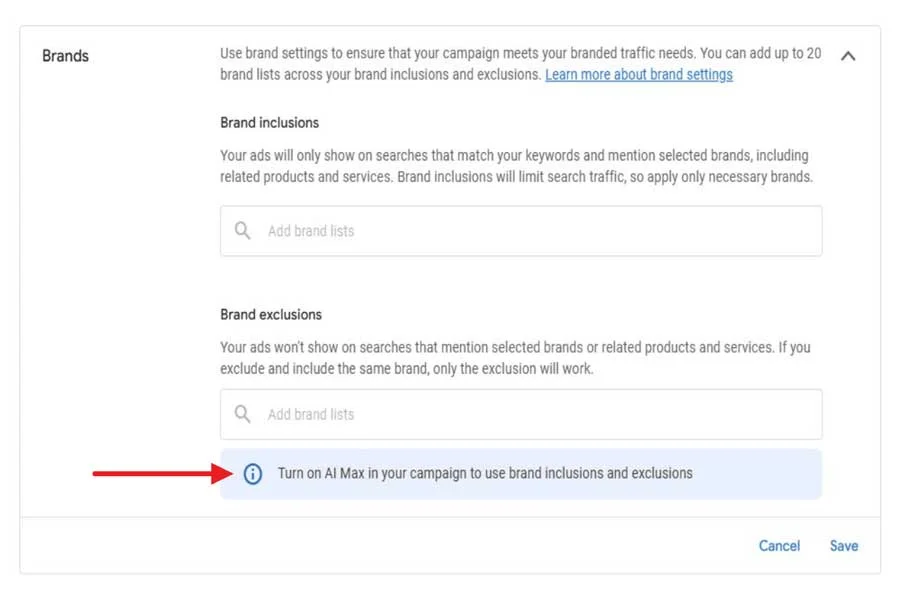 تنظیمات برندها در Ai Max گوگل ادز