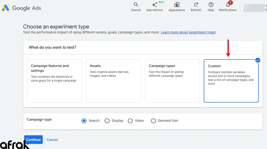 انتخاب نوع کمپین در A/B testing