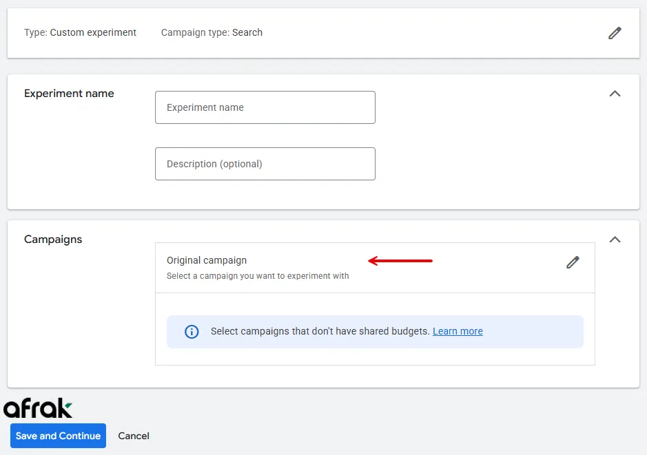 انتخاب کمپین و نام تست A/B